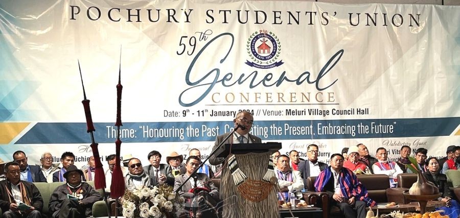Advisor Z Nyusietho Nyuthe speaking at the 59th general conference of the Pochury Students’ Union on January 10. (DIPR Photo)
